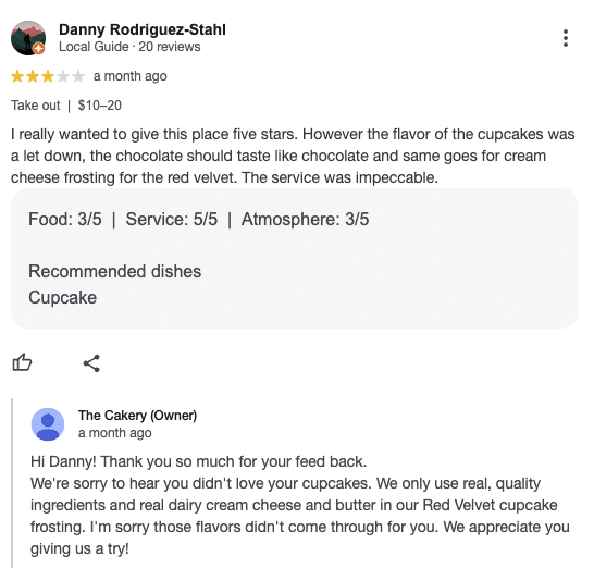 Screenshot 2025 04 02 at 4.28.52 PM / How to Respond to Online Reviews 4 / Beyond Blue Media a screenshot from a 3 star review for the cakery